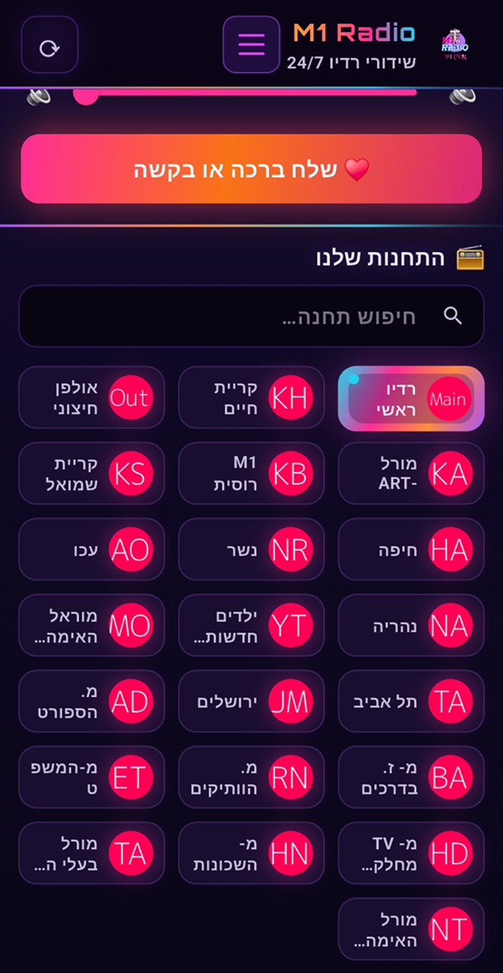 רשימת הערוצים באפליקציה